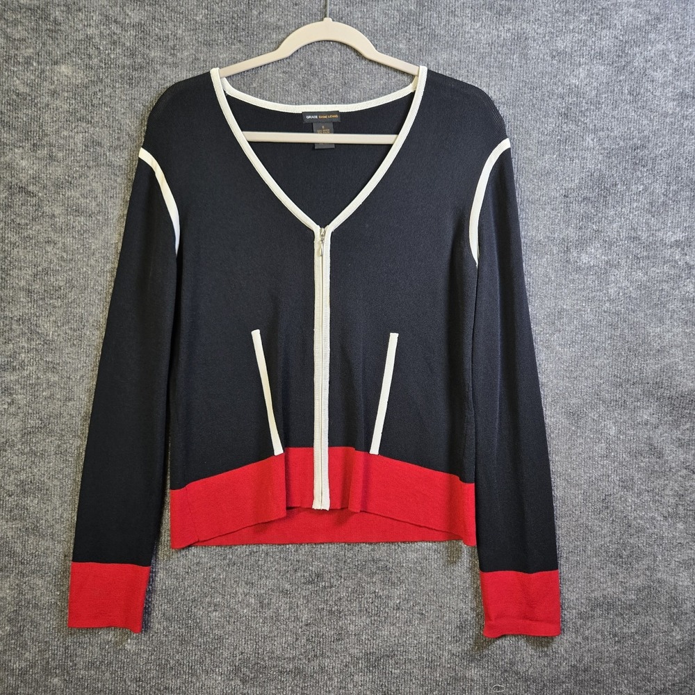 Grace Dane Lewis Cardigan Womens S Black Red Colorblock Full Zip Deep V Pockets